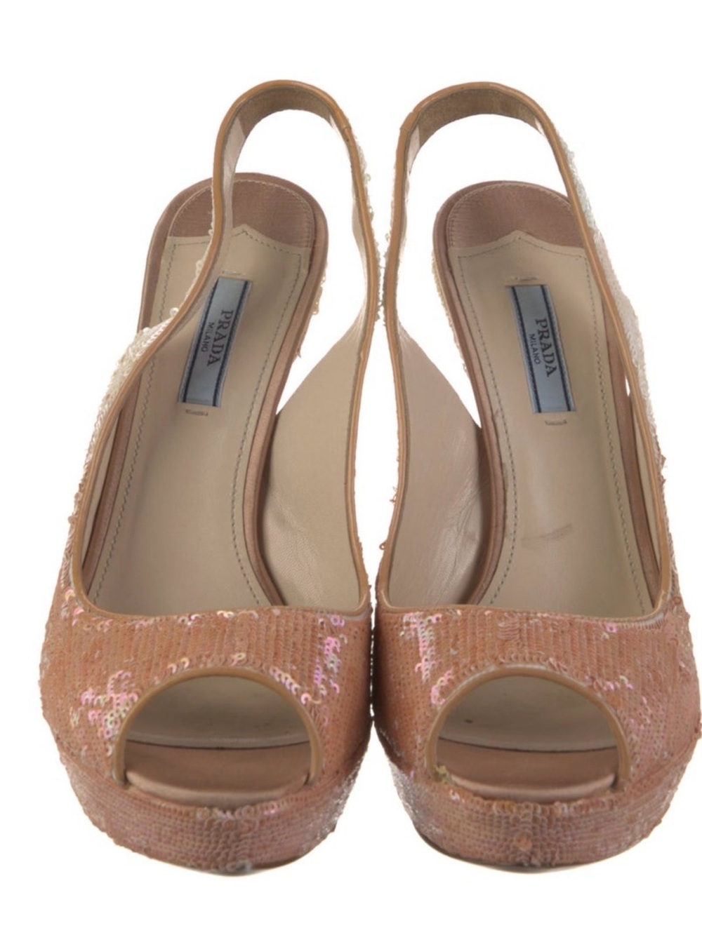 Prada Peachy Pink Sequin Peep-Toe Slingback Wedges
